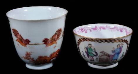 A Chinese porcelain tea bowl, decorated with European figures besides an open cage with a chain link border, 8cm Dia. together with a tall beaker decorated in burnt orange with cock fighting scene, 7cm H.