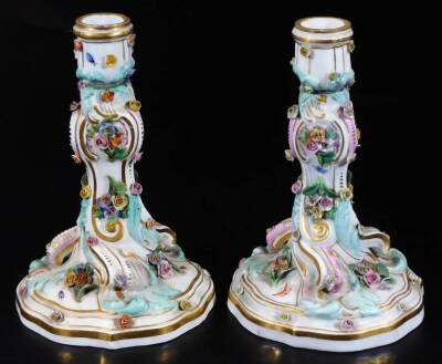 A pair of 19thC Meissen porcelain rococo candlesticks, decorated with applied flowers and scattered insects, blue crossed swords mark, 18cm H. - 3