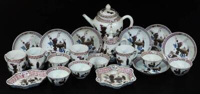 A Chinese Qing period porcelain part tea service, comprising of a bullet shaped teapot and cover, cream jug and cover, teapot stand, spoon tray, six tea bowls, seven saucers and four coffee cans, decorated with bronze vase, incense burners, etc. below a p