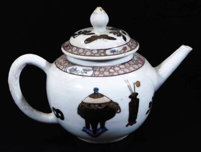 A Chinese Qing period porcelain part tea service, comprising of a bullet shaped teapot and cover, cream jug and cover, teapot stand, spoon tray, six tea bowls, seven saucers and four coffee cans, decorated with bronze vase, incense burners, etc. below a p - 5