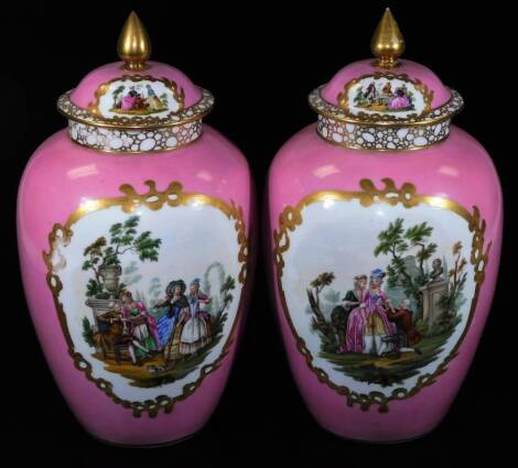 A large pair of continental porcelain vases and covers, in the manner of Helena Wolfsohn decorated with romantic figures within a classical landscape, on a pink ground, AR marked, 35cm H. (4)