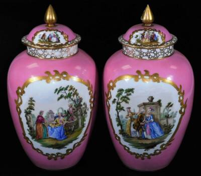 A large pair of continental porcelain vases and covers, in the manner of Helena Wolfsohn decorated with romantic figures within a classical landscape, on a pink ground, AR marked, 35cm H. (4) - 2