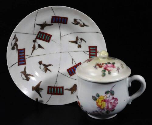 A late 18thC Chinese custard cup and cover, decorated with flower groups and a saucer decorated with sparrows and window shutter, six character mark. (3)