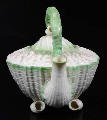 A Belleek 2nd period porcelain Nautilus pattern tea kettle, decorated in green, black Belleek mark, 16cm H. (2) - 2