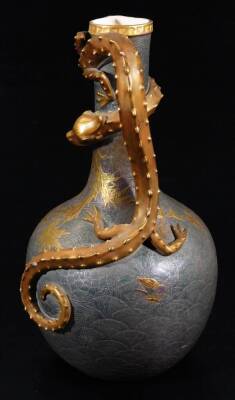 A 19thC Worcester patent porcelain ewer, with entwined handle, cylindrical stem and globular body, decorated with firs and geometric pattern, in a gilt and grey with silvered floral pattern and gilt highlights, marked beneath, 28cm H. - 4