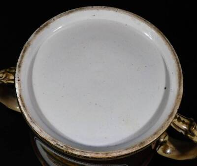 A Coalport two handled loving cup, decorated with a plough within a claret ground, the reverse with verse, c1860, 12cm H. (handle AF) - 6