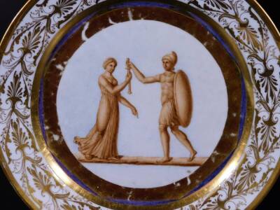 An early 19thC Doccia porcelain plate, classically decorated with figures of a warrior and maiden with a broad gilt reserve and outer border of classical leafage, c1820, 24cm Dia. - 2