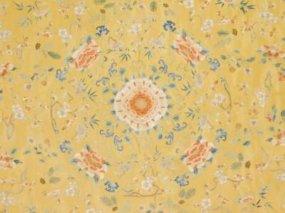 A Imperial Chinese Qing period brocade silk cushion cover, on yellow ground raised with exotic flowers, predominately in orange, blue and green, on material backed ground, 133cm x 103cm. - 3