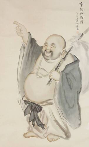 Chinese School. Figure of Buddha standing holding bamboo and pointing, mixed media wash on a silk and material ground, with floral highlights, signed, 163cm x 64cm.