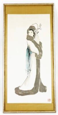 20thC Japanese School. Figure of a lady in flowing robes, mixed media, ink and wash on material ground, with silk surround highlighted with birds, signed, 113cm x 54cm. - 2