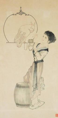 20thC Oriental School. Figure of a lady in flowing robes with parakeet, mixed media, wash on material ground, signed, 112cm x 51cm.