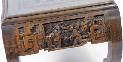 An early 20thC Chinese hardwood low table, heavily carved with figures, interior scenes, etc., on scroll legs, 35cm H, 94cm W, 45cm D. (with original receipt showing purchase in 1958) - 3