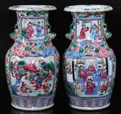 A pair of 19thC Chinese Cantonese famille rose baluster vases, decorated with figures at war and classical figures, on a floral ground, 36cm H. (2) - 3