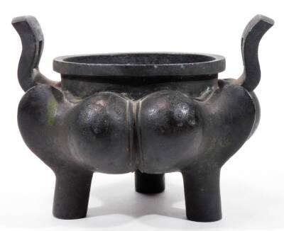 A Qing type Chinese bronze censer, of bombe form, with raised body, plain neck and shaped handles on triple feet, unmarked probably Qing period, 16cm H. - 3