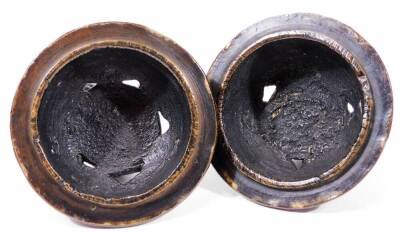 A pair of Japanese Meiji period bronze koro with covers, of small proportion, each pierced lid with animal knops on shaped bodies and feet, flanked by S scroll handles and raised with panels of flowers to each side, unmarked, 17cm H. - 8