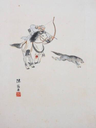 19thC Oriental School. Figure on horseback firing bow at wild dog, mixed media, signed, 37cm x 24cm.