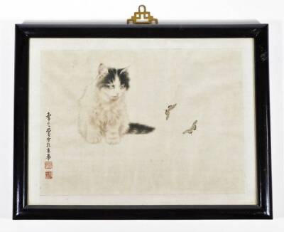 19thC Oriental School. Kitten and butterflies, mixed media on silk, signed, 25cm x 36cm. - 2