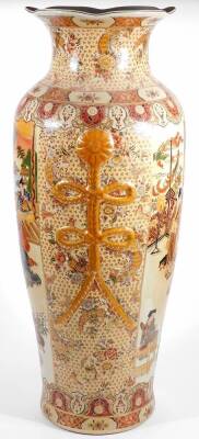 A 20thC Chinese pottery baluster vase, of shouldered form with compressed leaf stem, the body transfer printed and hand touched with panels of figures in an interior setting, with gilt highlights on circular foot, printed red mark beneath, 79cm H. - 2