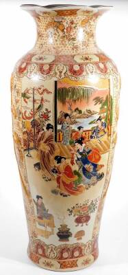 A 20thC Chinese pottery baluster vase, of shouldered form with compressed leaf stem, the body transfer printed and hand touched with panels of figures in an interior setting, with gilt highlights on circular foot, printed red mark beneath, 79cm H. - 3