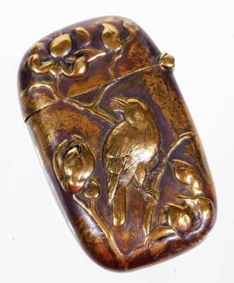 A Japanese polished brass vesta case, of oblong form raised with bird on elaborate tree bough, unmarked, 5cm H. - 2