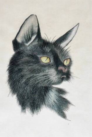 20thC Oriental School. Cat portrait, mixed media, on silk and material ground with outer floral border, 36cm x 26cm.