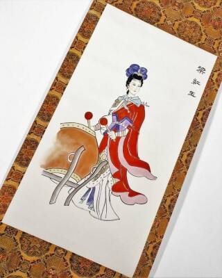 Japanese School. Figure of a lady holding bow, paper scroll, signed, 30cm W. and a felt type calendar scroll, further material scroll in red with gilt lettering, etc. (a quantity) - 8