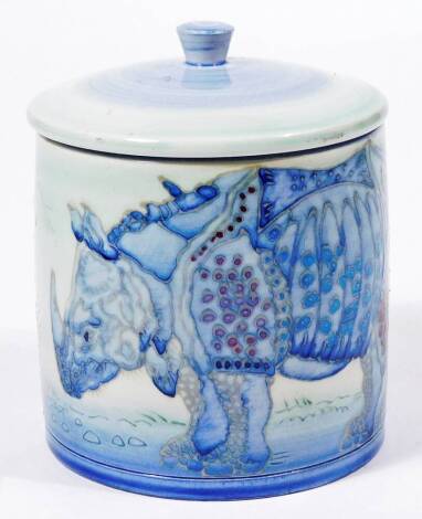 A Dennis China Works rhinoceros pot and cover, decorated with rhinoceros in blue, puce marked Dennis China Works 2002 S.T, des no.4, 12cm H.