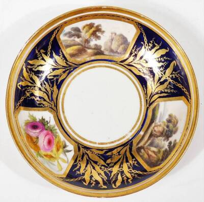 A 19thC Derby porcelain coffee can and saucer, c1800, puce marked pattern no. 653, flowers and landscape bands, painted by William Quakes Pegg, between Smith blue bands and gilt chain gilding, 9cm Dia. - 2