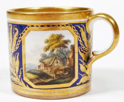 A 19thC Derby porcelain coffee can and saucer, c1800, puce marked pattern no. 653, flowers and landscape bands, painted by William Quakes Pegg, between Smith blue bands and gilt chain gilding, 9cm Dia. - 4