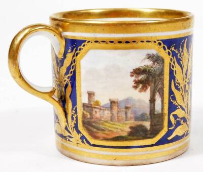 A 19thC Derby porcelain coffee can and saucer, c1800, puce marked pattern no. 653, flowers and landscape bands, painted by William Quakes Pegg, between Smith blue bands and gilt chain gilding, 9cm Dia. - 5