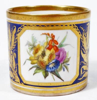 A 19thC Derby porcelain coffee can and saucer, c1800, puce marked pattern no. 653, flowers and landscape bands, painted by William Quakes Pegg, between Smith blue bands and gilt chain gilding, 9cm Dia. - 6