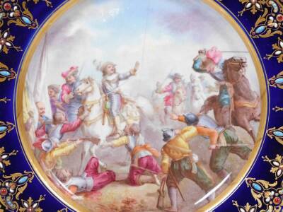 An early 19thC jewelled Sevres porcelain plate, painted with a classical battle scene, double Louis marked 'L' in blue and L, incised script N Conde a la Lataille de Rocryo, c1800, 24cm Dia. - 2