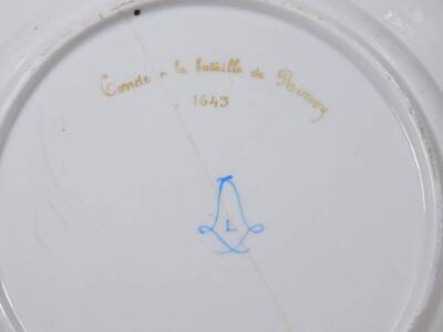 An early 19thC jewelled Sevres porcelain plate, painted with a classical battle scene, double Louis marked 'L' in blue and L, incised script N Conde a la Lataille de Rocryo, c1800, 24cm Dia. - 4