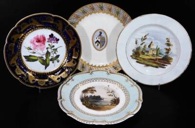 An early 19thC Derby porcelain blue mark armorial plate, within a gilt and floral border; c1800, a landscape plate with a duck egg border, with a similar gilt border and floral decorated plate with a blue and gilt border, c1835. (a quantity)