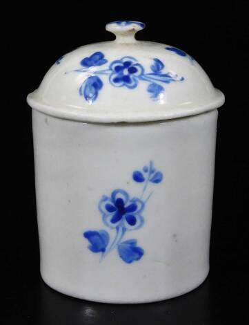 A mid 18thC Mennecy or St Cloud porcelain toilet pot and cover, c1740/50, decorated in blue and white with floral sprays, incised marks P and DV, 7cm H.