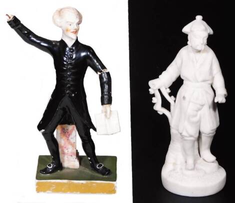 A mid 19thC Derby porcelain figure of Dr Syntax, reading a lesson while holding his hand out, raised on a square base, incised no.2, c1810, together with a Parian figure of Chinese gentleman, c1840, 10cm H.