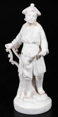 A mid 19thC Derby porcelain figure of Dr Syntax, reading a lesson while holding his hand out, raised on a square base, incised no.2, c1810, together with a Parian figure of Chinese gentleman, c1840, 10cm H. - 2