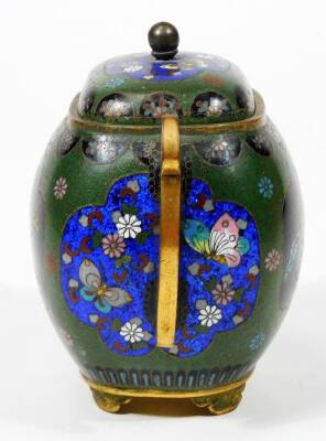 A 20thC cloisonné two handled sugar bowl, of bombe form, with shaped handles, the centre profusely decorated with flowers, on a green and black ground predominately in blue, green and yellow, on shaped feet, unmarked, 14cm H. - 2