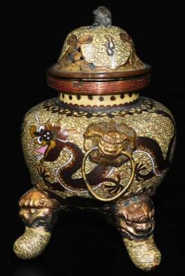 An early 20thC cloisonné lidded censer, with pierced domed lid, animal knop, dragon mask handles, shouldered circular body decorated with five claw dragon on a yellow ground terminating in triple shaped feet, 15cm H. - 2