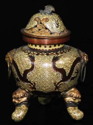 An early 20thC cloisonné lidded censer, with pierced domed lid, animal knop, dragon mask handles, shouldered circular body decorated with five claw dragon on a yellow ground terminating in triple shaped feet, 15cm H. - 3