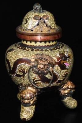 An early 20thC cloisonné lidded censer, with pierced domed lid, animal knop, dragon mask handles, shouldered circular body decorated with five claw dragon on a yellow ground terminating in triple shaped feet, 15cm H. - 4