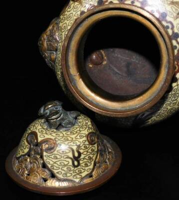 An early 20thC cloisonné lidded censer, with pierced domed lid, animal knop, dragon mask handles, shouldered circular body decorated with five claw dragon on a yellow ground terminating in triple shaped feet, 15cm H. - 5