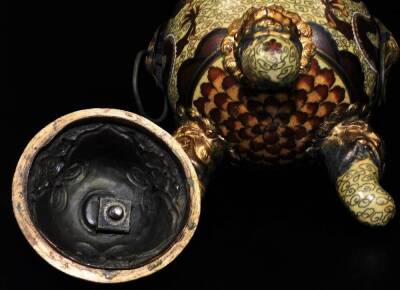 An early 20thC cloisonné lidded censer, with pierced domed lid, animal knop, dragon mask handles, shouldered circular body decorated with five claw dragon on a yellow ground terminating in triple shaped feet, 15cm H. - 6