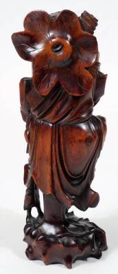 An early 20thC Chinese root carving, of a bearded sage in flowing robes holding staff in a naturalistic setting, 28cm H. - 3