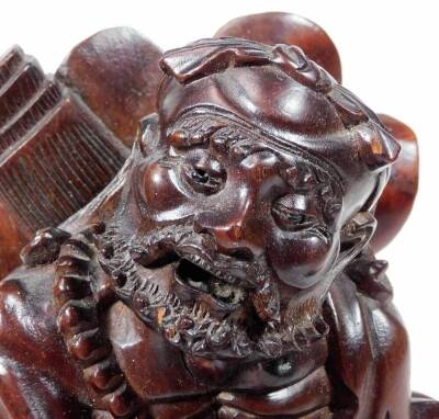 An early 20thC Chinese root carving, of a bearded sage in flowing robes holding staff in a naturalistic setting, 28cm H. - 5