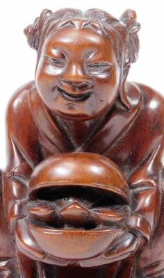 A 19thC Japanese wooden carving, of a boy holding turtle, from a famous legend, 13cm H. - 5