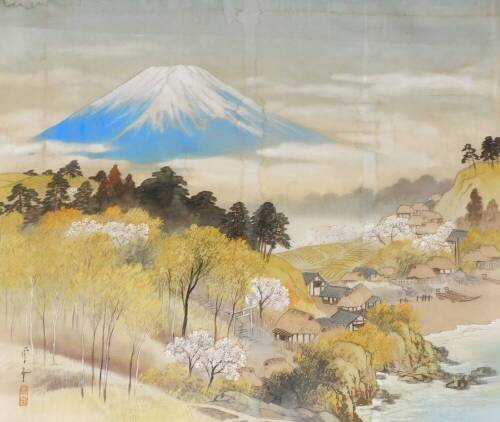 20thC Japanese School. Mount Fuji with houses and trees in the foreground, mixed media on silk, wall hanging, 39cm x 53cm