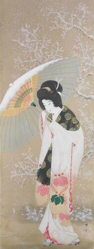 20thC Japanese School. A Geisha holding parasol, mixed media on silk, wall hanging, 93cm x 39cm.