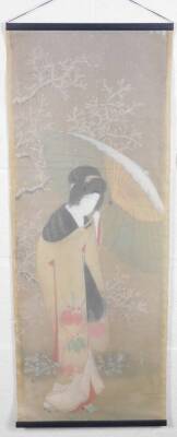 20thC Japanese School. A Geisha holding parasol, mixed media on silk, wall hanging, 93cm x 39cm. - 4