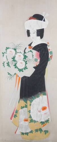 20thC Japanese School. Figure of a Geisha holding flowers, mixed media on silk, wall hanging, 93cm x 46cm.